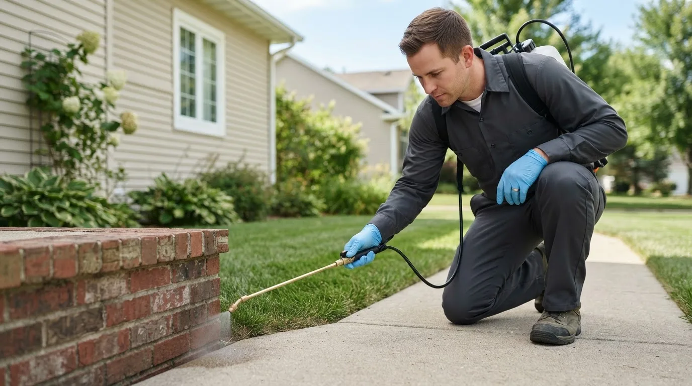 Pest control technician treating a home near Manchester, MO